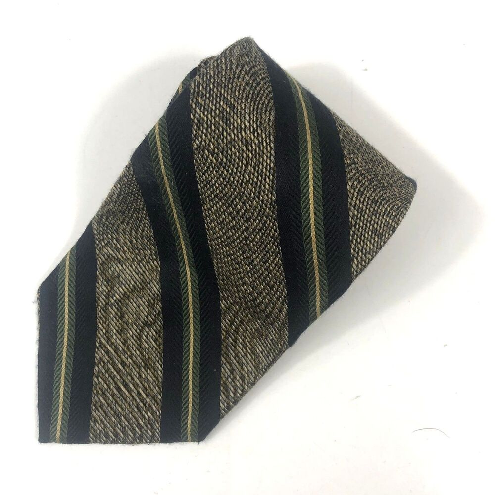 Sterling & Hunt Premier Edition Pure Silk Repp Tie Black Gold Green Stripes Ital